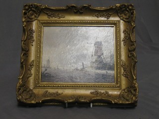 A 19th/20th Century Continental oil painting on board "Frozen River with Windmill" 6" x 7"