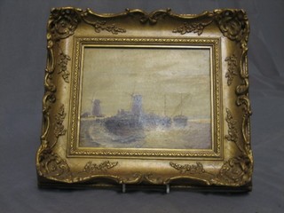 A 19th/20th Century oil painting on board "Snowy Landscape with Canal and Windmills" 6" x 7 1/2"