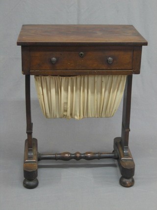 A William IV rectangular mahogany work table fitted a drawer above a deep basket, raised on standard end supports with H framed stretcher (some beading missing to right hand support and 1" veneer missing to top left hand corner) 21" 