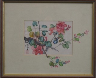 3 20th Century Oriental paintings on silk "Butterflies and Birds amidst Blossom" 7" x 5 1/2"