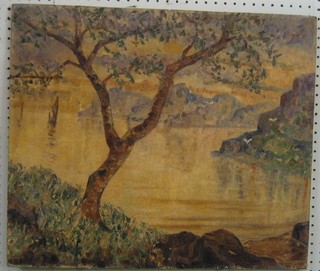 A 19th/20th Century impressionist oil on board "Mountain Lake with Boats" 20" x 24" 