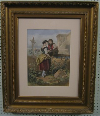 19th Century religious coloured print "Two Ladies Standing by a Well with Mary and Joseph in the Distance" 12" x 9" contained in a decorative gilt frame