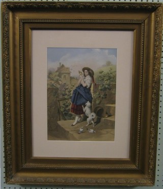 19th Century coloured print "Standing Bonnetted Girl in a Garden with Bird and Dog" 12" x 9 1/2"
