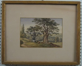 A 19th Century naive watercolour drawing "Seated Figure in Parkland with Cattle" 7" x 10"