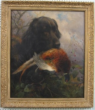 T George Cooper, oil painting on canvas "Retriever with Dead Cock Pheasant" signed and dated 1898 25" x 22"