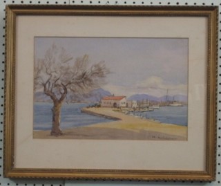 M Kitchener, watercolour drawing "Continental Harbour with Mountains in Distance" 9" x 13"