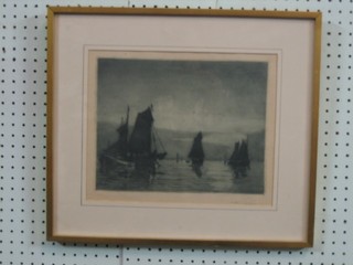 An engraving of "Sailing Ships at Dusk" 9" x 11", indistinctly signed
