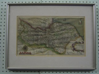 A  17th Century Saxon coloured map of Yorkshire with crease to the centre 8" x 13 1/2"
