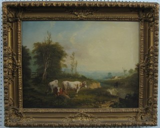 School of Sydney Cooper, 19th Century oil painting on canvas "Cattle by Lane with Figures and Windmill in the Distance" 17" x 24" (relined)