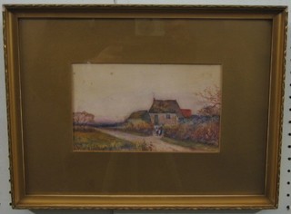 19th Century oil on card "Figure Standing by a Thatched Cottage" 4 1/2" x 6"