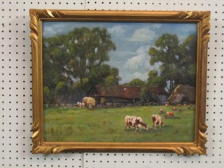 Oil painting on board "Farm Scene with Farm Buildings Hay Rick and Figures" 13" x 16"