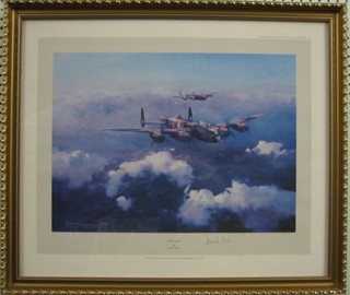 After Robert Taylor, 1st edition coloured print "Lancaster in Flight" signed in the margin by Leonard Cheshire 13" x 20"