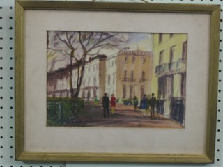 Mable S Luck, impressionist watercolour "Regency Terrace House and Figures" 7" x 10"