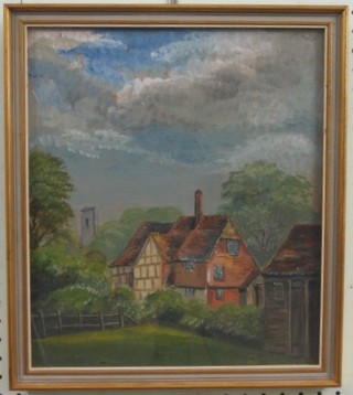 A 1930's oil painting on board "House at Rusper with Church in Distance" 13" x 11"