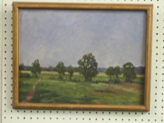 M Sembetner, oil painting on board, "Rural Scene with Trees"  11" x 14"