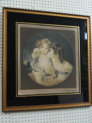 A  19th Century romantic coloured print, 13", circular, contained in a black and gilt frame