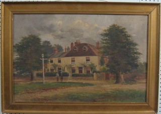J W Eyres, 19th Century oil painting on canvas "Country House by Green with Figures" 15" x 23" signed and dated 1884