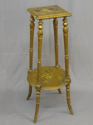 A Victorian gilt and floral painted 2 tier jardiniere stand, raised on turned and fluted supports 12"