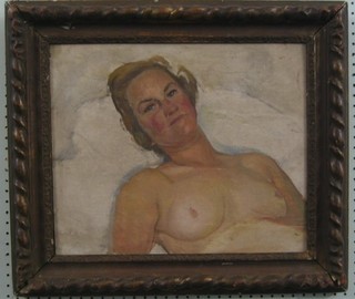 After J Lavery, oil on board, head and shoulders portrait "Nude Reclining Lady" 14" x 17"
