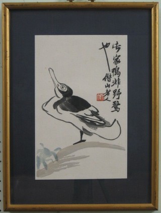 An Oriental coloured print of a duck, with character signature 12" x 7"