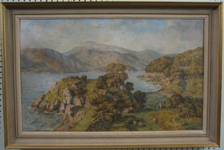 W Lower? oil on canvas "Lake District Scene with Figures, Lake and Mountain in Distance" 14" x 23"
