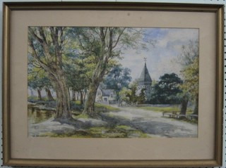 M Dessurne, Continental watercolour "Church with Buildings" 12" x 18"