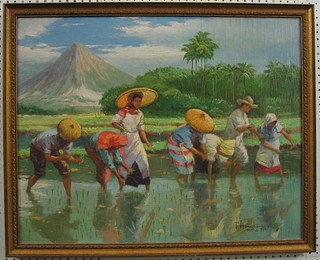 Oriental School, oil painting on canvas "Figures in Paddyfield and Volcano in Distance" 21" x 27" indistinctly signed and dated 1984