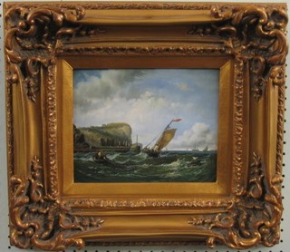 20th Century oil painting on board "Fishing Boat in Heavy Sea" 7" x 9" contained in a gilt frame