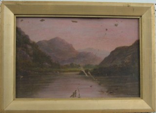 A Victorian oil painting on card "Lake Scene at Dusk" 9" x 14" indistinctly signed