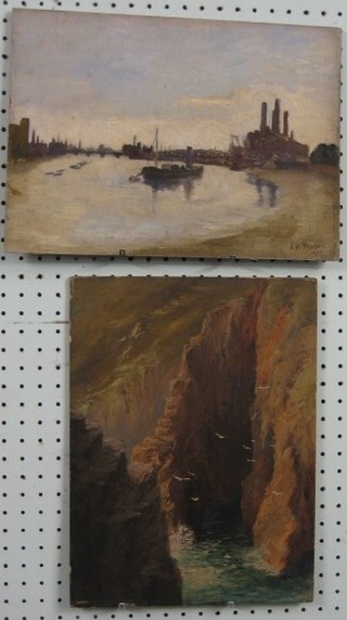 L N Mallan, pair of oil paintings on board "Thames Scene with Power Station and Bridge" 10" x 14" and "Seascape with Cliffs" 14" x 10"