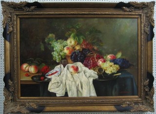 J Norton, oil on canvas, still life study "Dining Table with Basket of Fruit etc" 24" x 35"