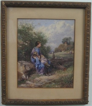 A Victorian coloured print "Seated Child by a Cottage" 9" x 7"