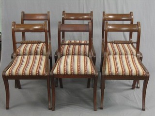 A harlequin set of 4 20th Century mahogany bar back dining chairs with rope mid rails and upholstered drop in seats by Maples