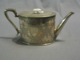 An oval engraved silver plated teapot, repair to spout