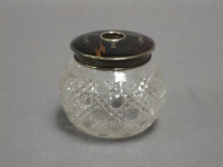 A cut glass hair tidy with tortoiseshell and silver mounted lid, London 1915, 3"