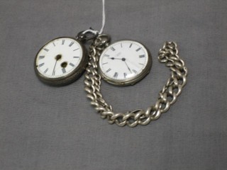 A silver curb link Albert watch chain and 2 small silver open faced pocket watches