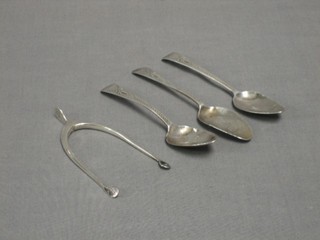 3 George III silver bright cut tea spoons, London 1778 together with a pair of silver wishbone sugar tongs, Birmingham 1933