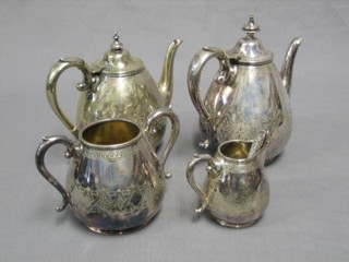 A Victorian 4 piece silver plated tea/coffee service comprising engraved oval teapot, coffee pot, twin handled cream jug and sugar bowl, together with 4 silver plated tea spoons