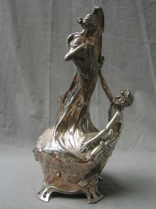 A WMF Art Nouveau epergne/vase frame in the form of a standing classical lady with seated male figure, raised on 4 pierced panel supports, the base marked XO O/4?, 16"