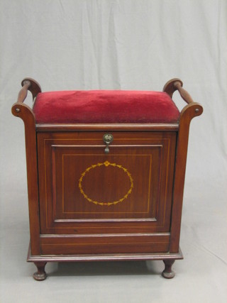 An Edwardian inlaid mahogany box seat piano stool raised on cabriole supports 