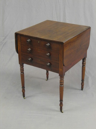 A 19th Century 3 drawer drop flap work table with tore handles, raised on ring turned supports 20"