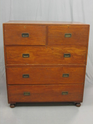 A late 19th Century camphor wood military chest of 2 short and 3 long drawers, raised on bun feet 42"