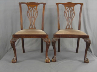 A pair of 19th/20th Century mahogany Chippendale style splat back dining chairs with upholstered drop in seats, raised on cabriole supports
