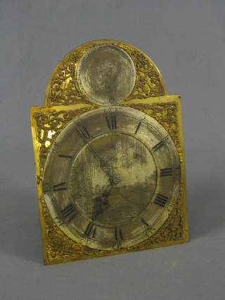 An 18th Century 8 day striking longcase bird cage clock movement, striking on a bell, the 11" arched brass dial with silvered chapter ring and Roman numerals by Step.n Fox  and Tho.s Clark, the centre of the dial engraved a shooting scene (movement "tinkered" with), complete with pendulum