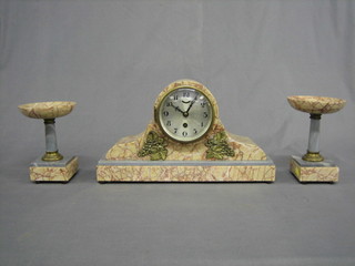 A 1930's French Art Deco 3 piece clock garniture comprising 8 day mantel clock with silvered dial and Arabic numerals contained in a pink marble and gilt metal case, together with 2 side urns