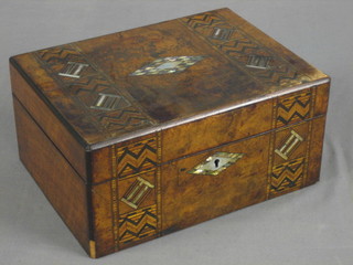 A Victorian walnut writing slope with hinged lid, inlaid mother of pearl (some inlay missing, hinge f)