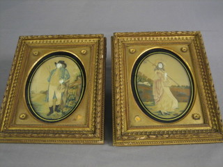 A pair of 18th Century stump work pictures of a lady farmer  and farmer in a rural landscape 8" oval, contained in decorative gilt frames