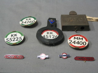 A BOC bus conductor's clip, 2 bus conductress enamel badges, 2 London transport enamel badges and 3 PSV plastic licences (2 conductor and 2 driver)