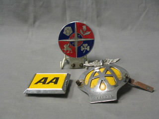 An enamelled car badge marked LTAC, an AA beehive badge and 1 other AA badge
