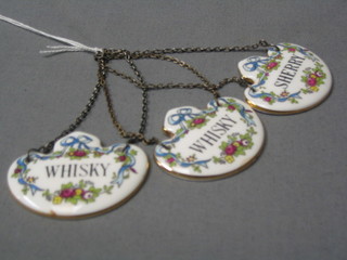3 Royal Crown Staffordshire decanter labels Sherry and 2 Whisky